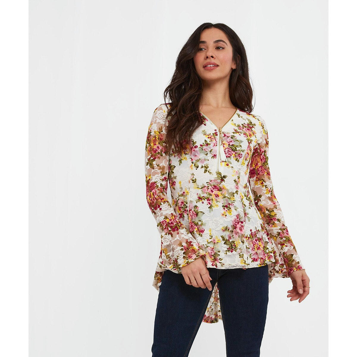 Blouse col v, manches longues imprimé fleuri
