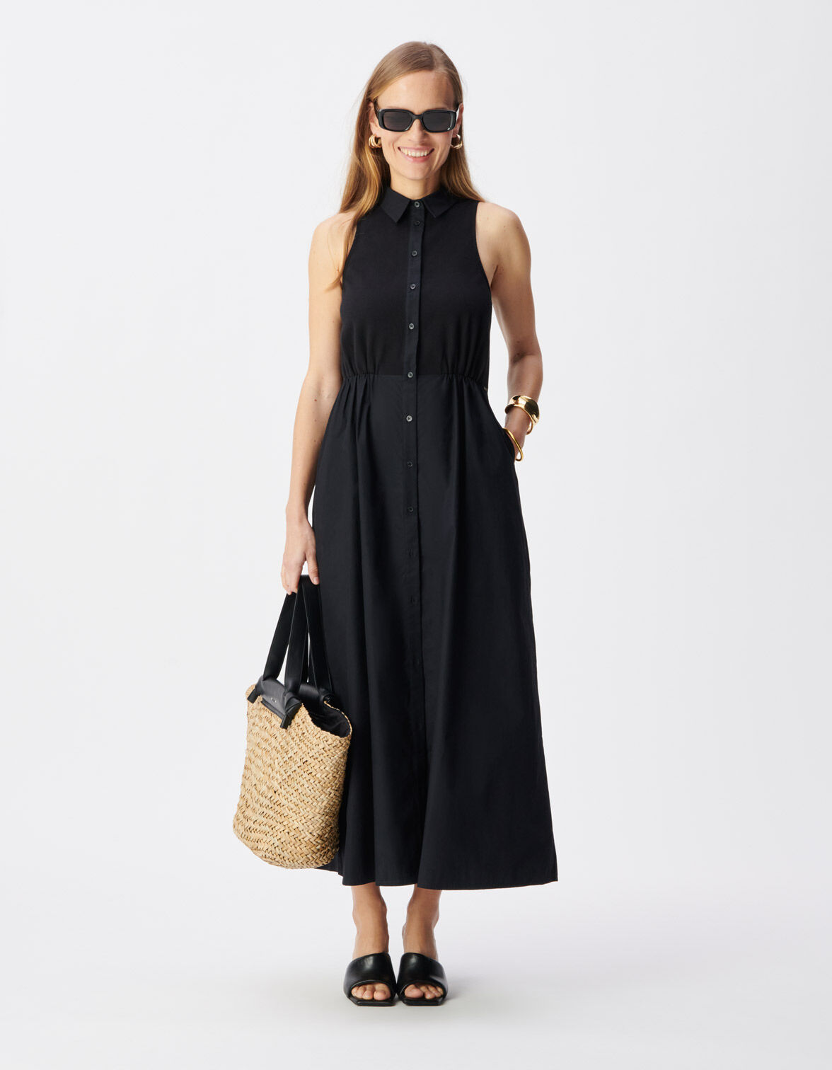 Robe longue noire boutonnée bi-matière Femme