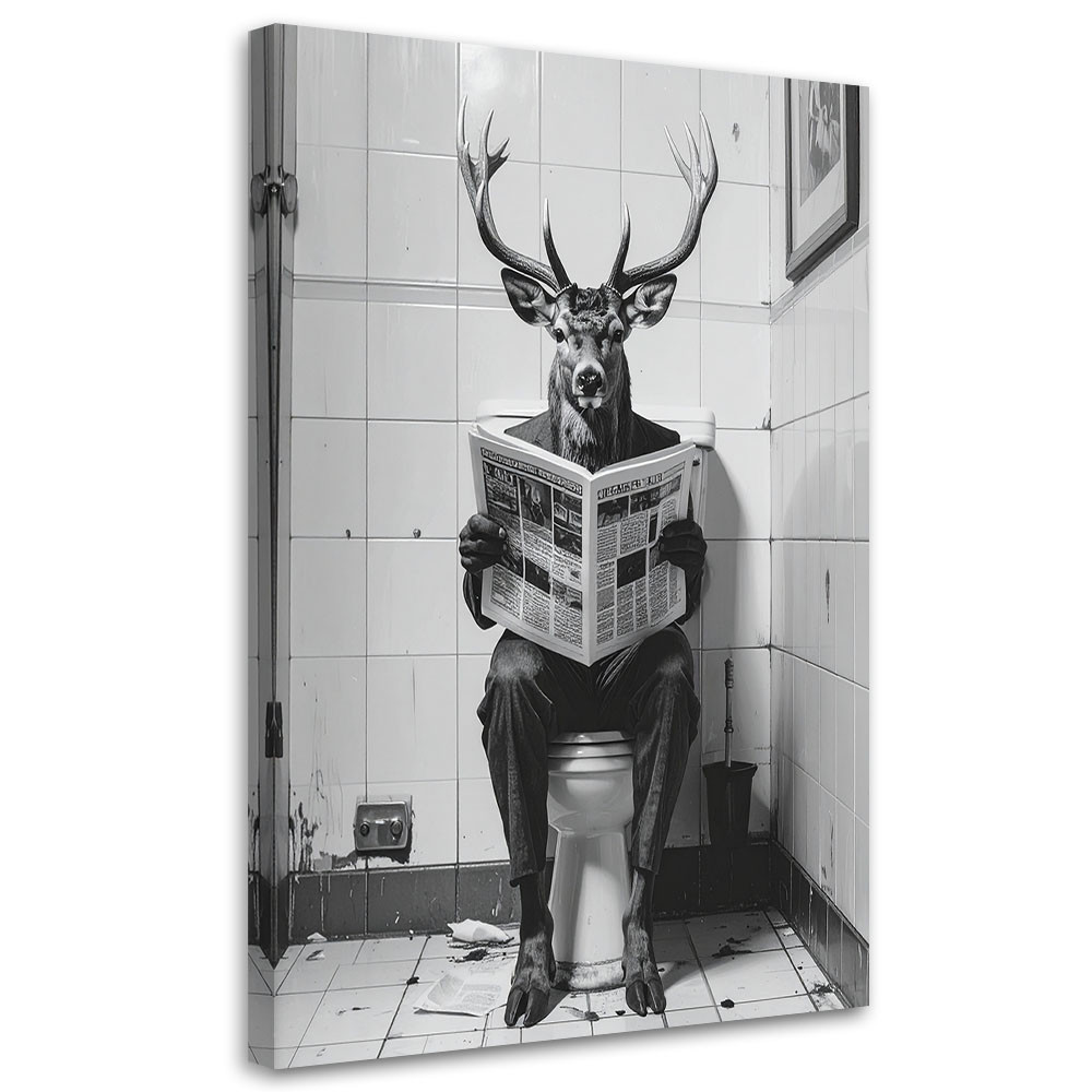 Obraz do łazienki wc, Humorystyczny jeleń w toalecie czytający 20x30