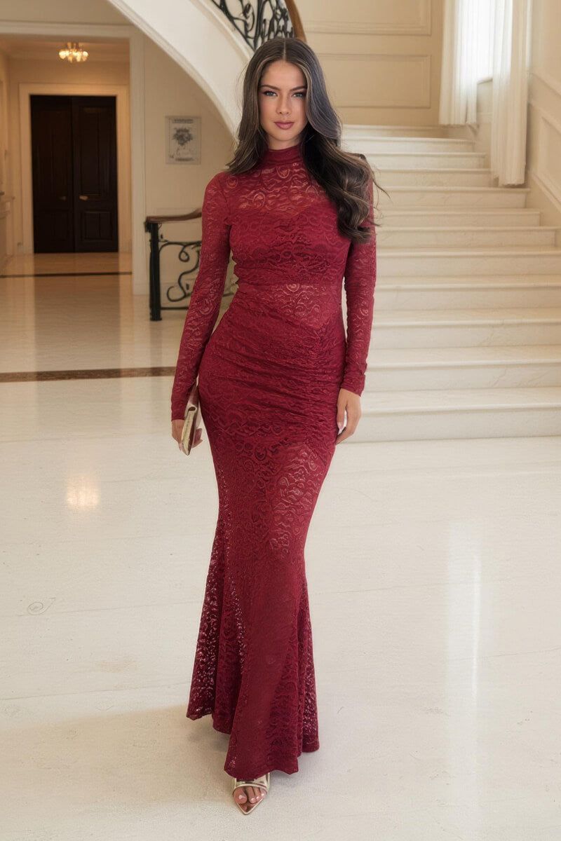 AX Paris Wine Lace Overlay Long Sleeve Fishtail Midi Dress