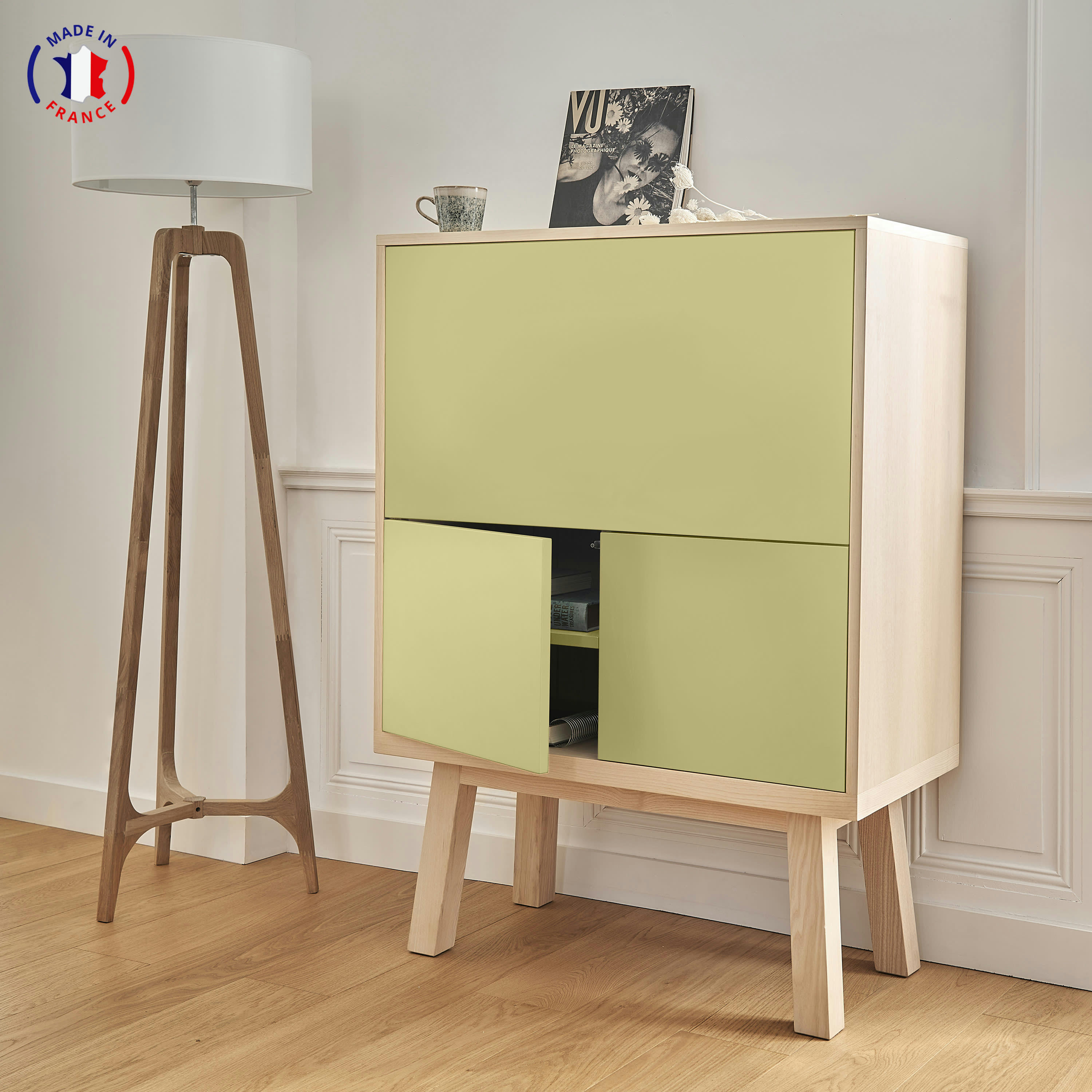 KUBE - Bureau secrétaire avec rangement de 90 cm de large, en frêne