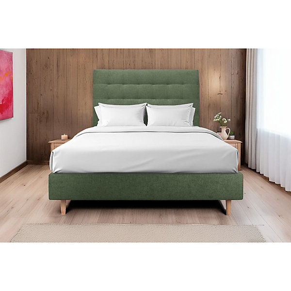 Lit avec tête de lit capitonnée tissu et sommier tapissier- Lit en bois massif
