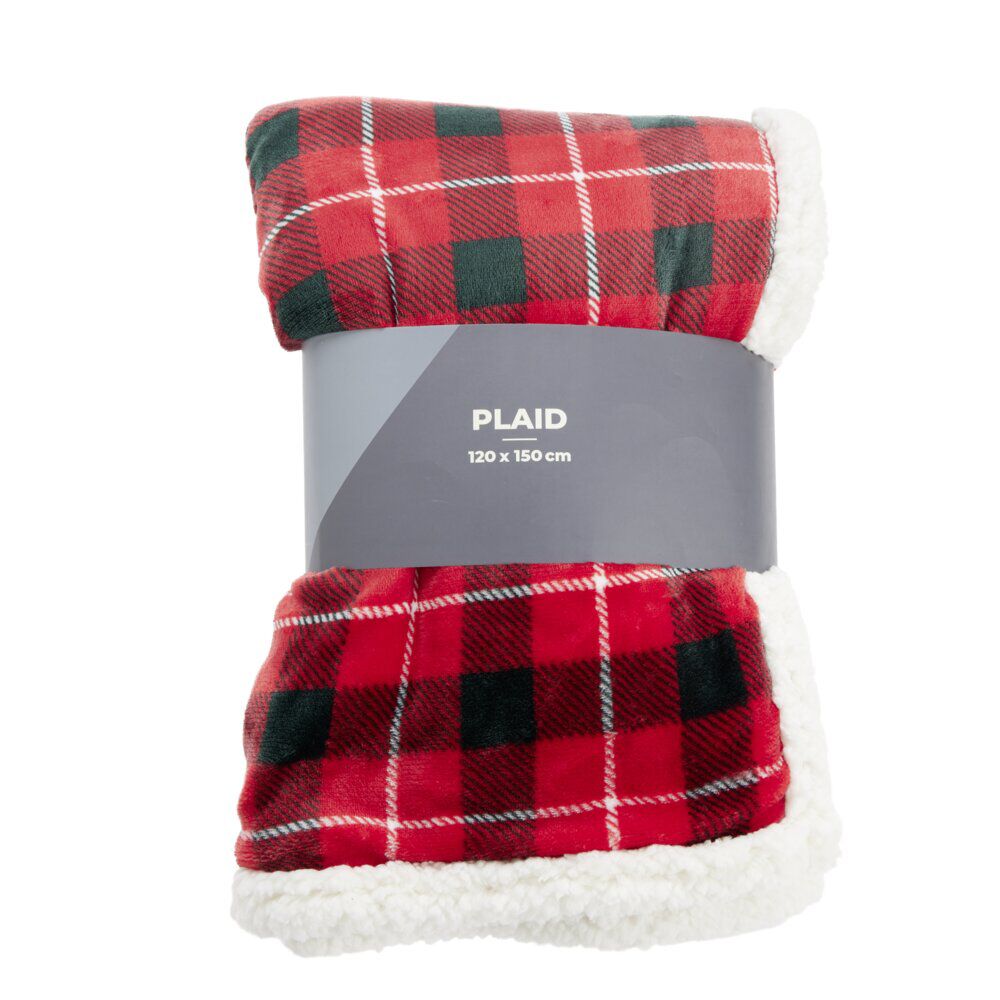 Plaid sherpa blanc motif tartan rouge 120x150cm