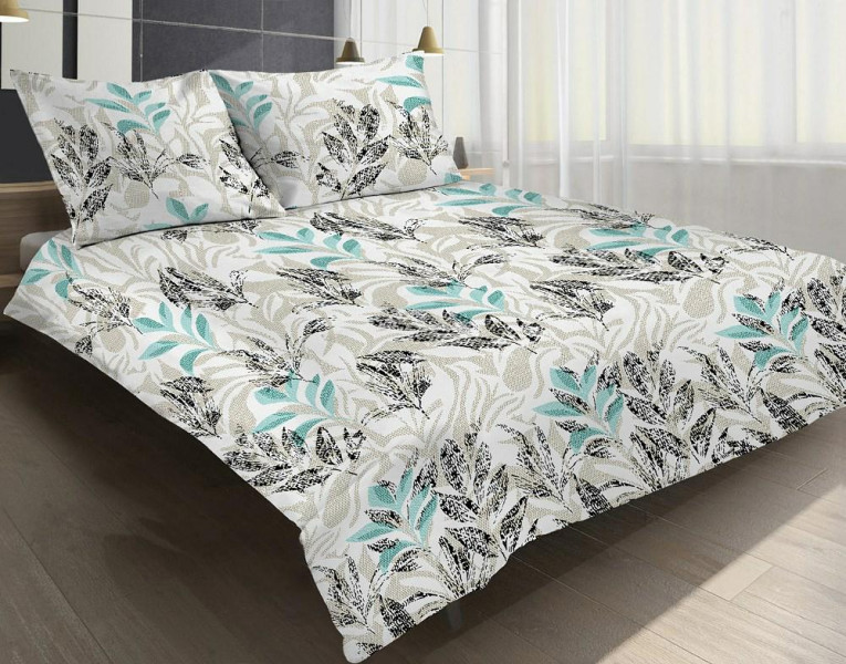Pościel satynowa 160x200 Premium Vigo Flower liście beżowa