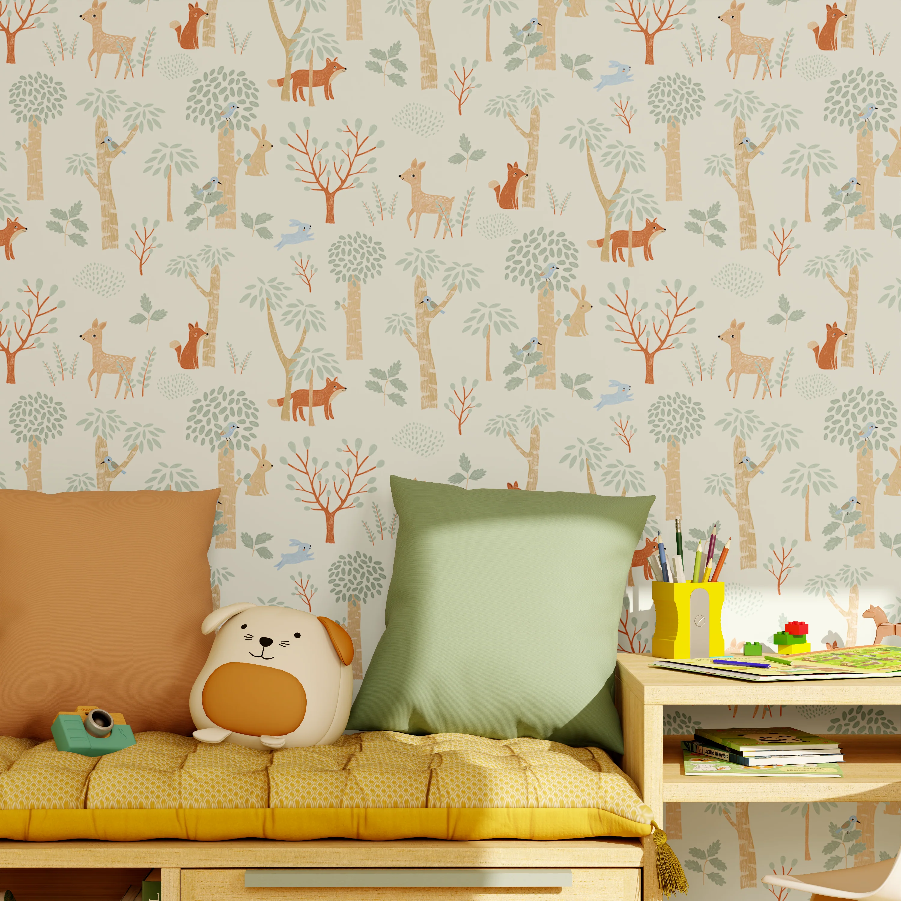 Papier peint intissé FRIENDLY FOREST vert céladon et beige