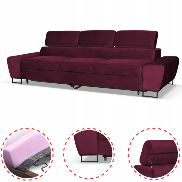 Sofa kanapa 3 os rozkładana z f. spania Bosso Family meble bordowy welur