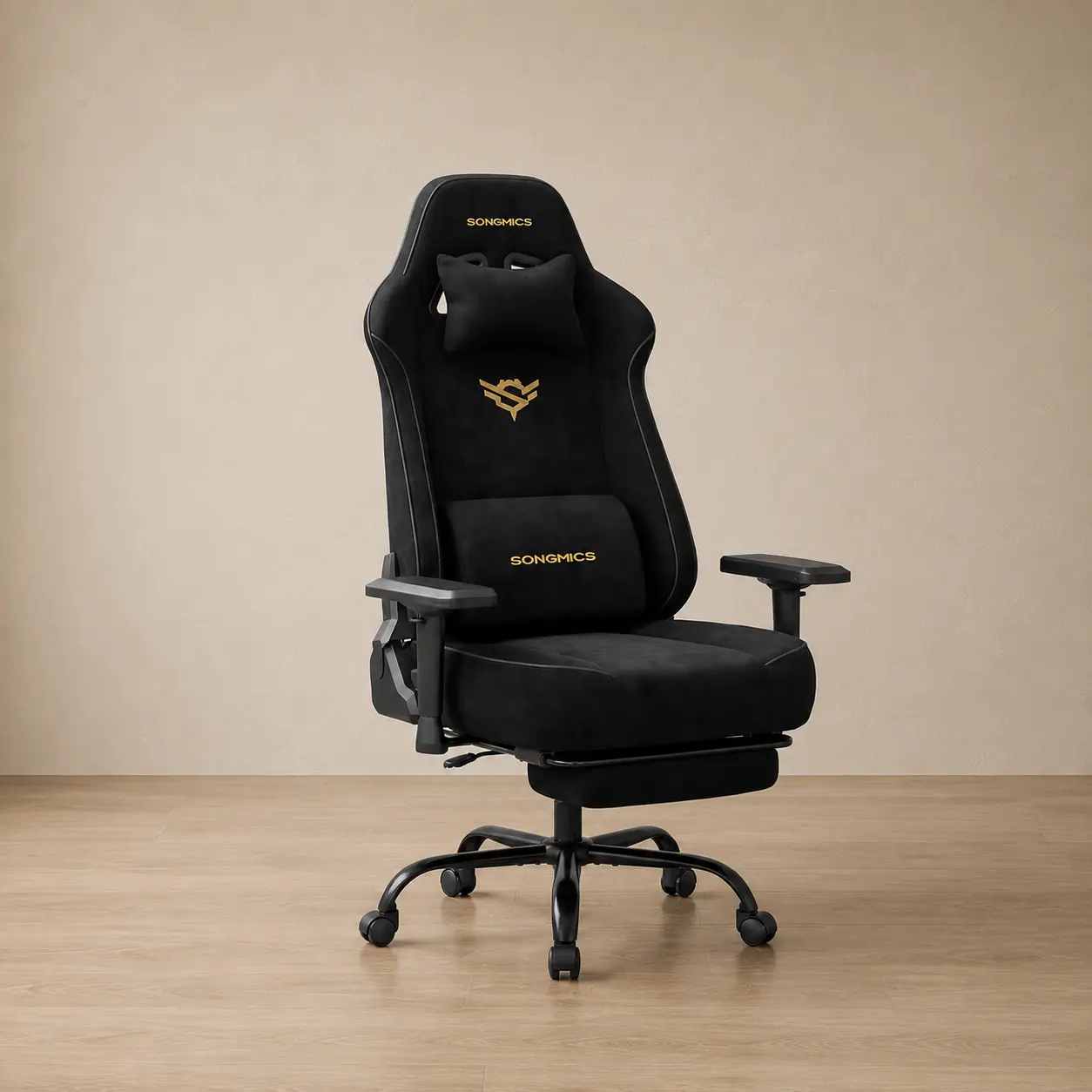 Chaise gamer en tissu suédine avec accoudoirs 4D et repose-pieds