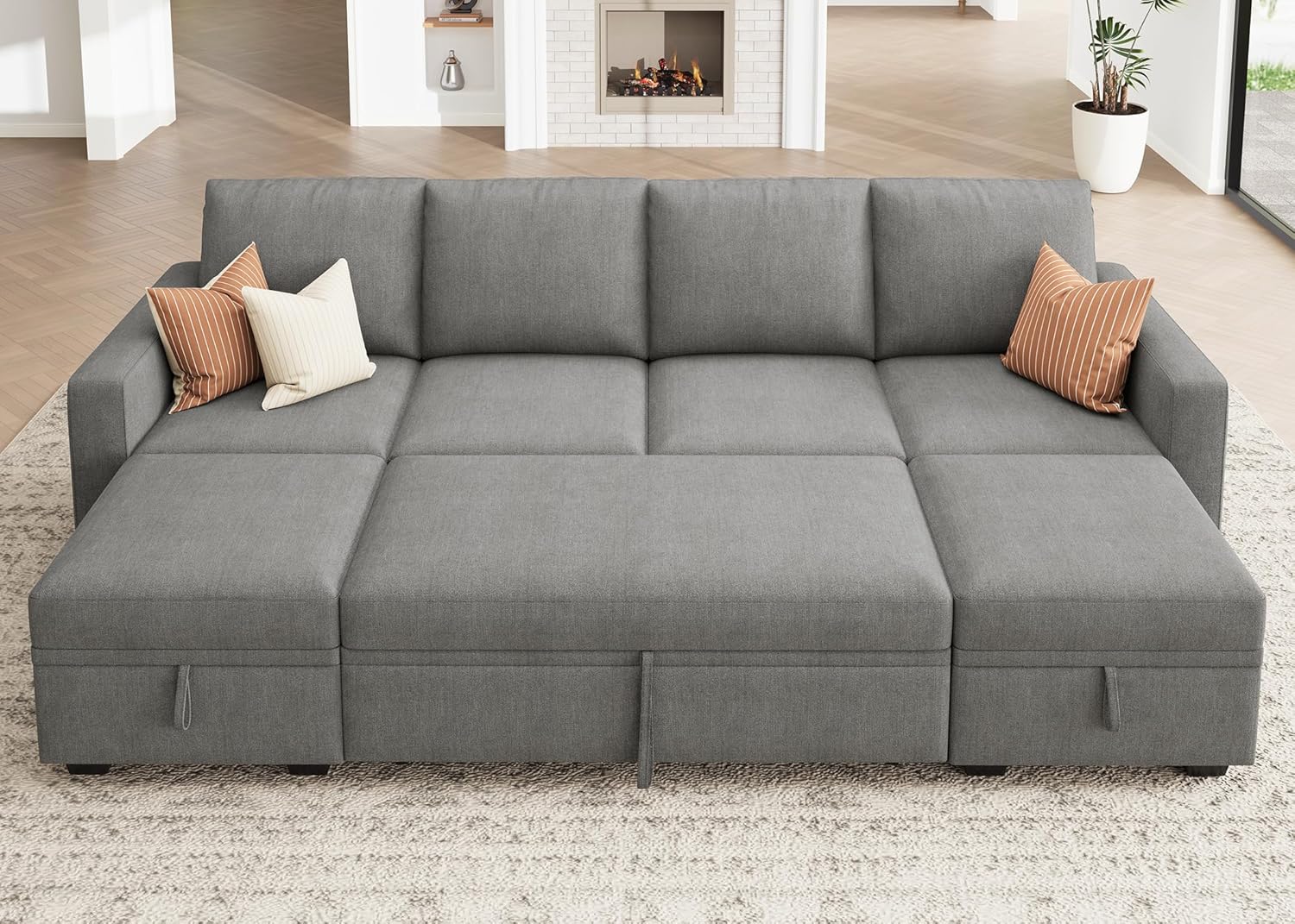HONBAY Modular Sectional Sleeper Sofa Bed, Chenille Pull Out Couch with Storage Ottoman, U Shaped Sectional Couches for Living Room, Warm Grey