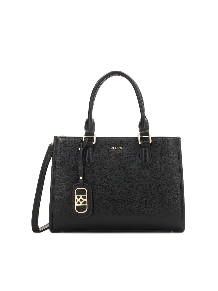 Black leather handbag with detachable strap and lockable compartment