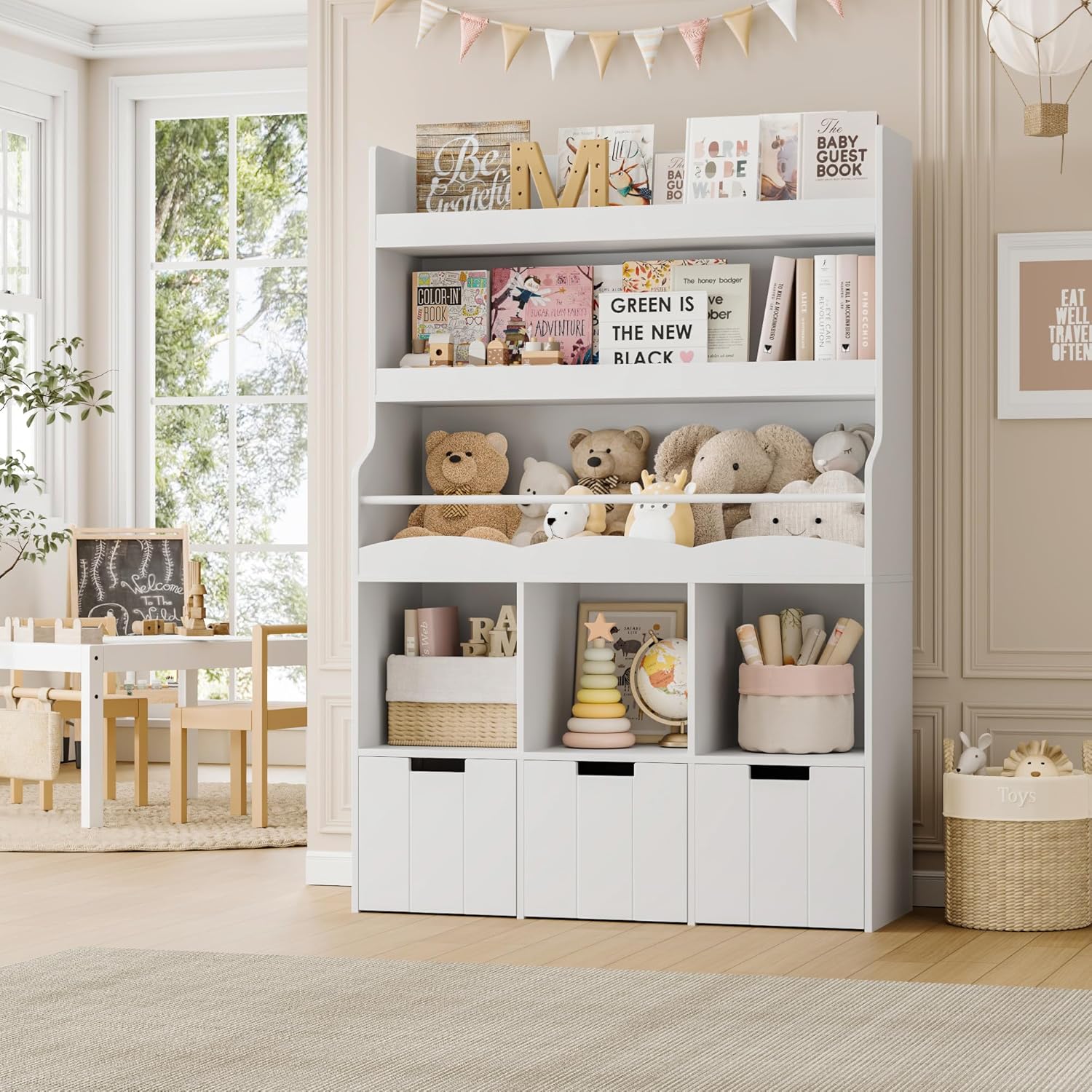 HITHOS 55.3 H Kids Bookshelf with Toy Storage Organizer, Tall Book Shelf with 3 Movable Toy Storage Bins, Large Kids Bookcase with Toy Chest, 39.2 W Modern Toy Box for Kid Room, Playroom, White