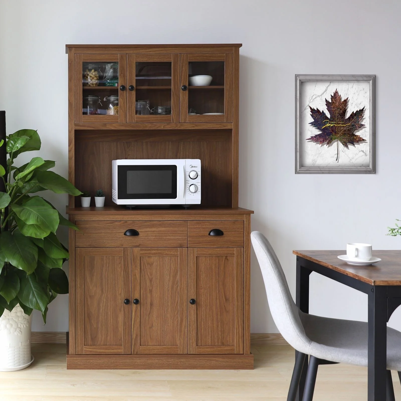VEIKOUS Kitchen Pantry Storage Cabinet Cupboard with Framed Glass Door and Drawer