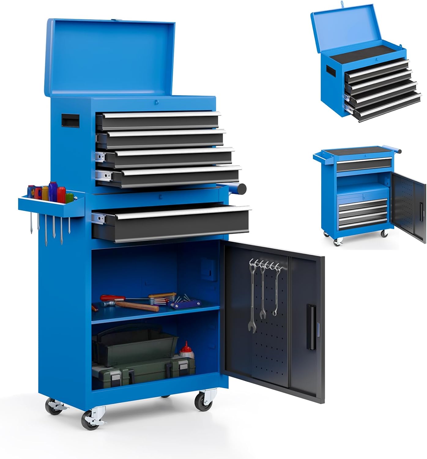AirWire 5-Drawer Rolling Metal Tool Storage Cabinet with Detachable Top Tool Box, for Garage Workshop - Blue
