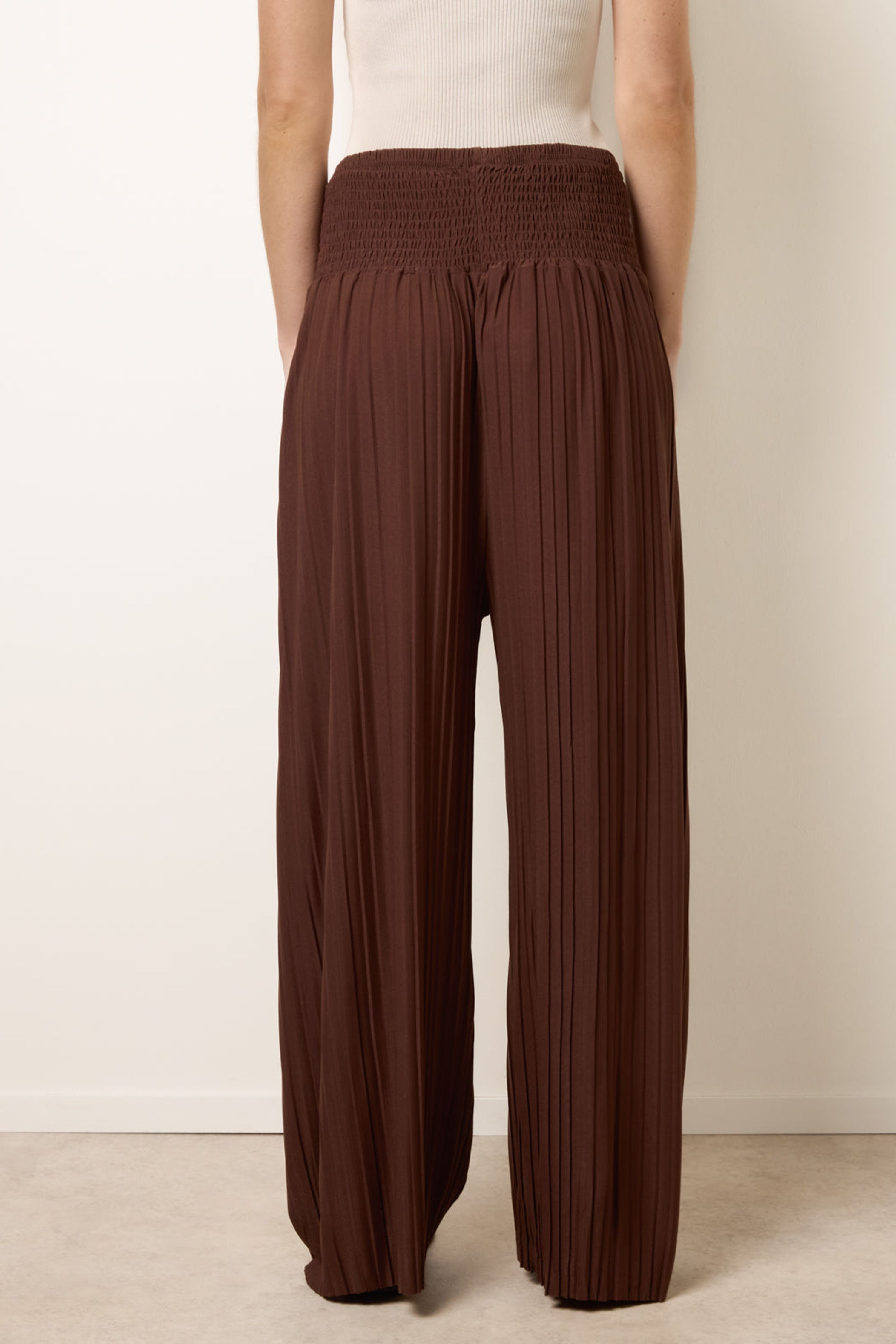 Blue Vanilla Brown Shirred Waist Pleated Wide Leg Trousers