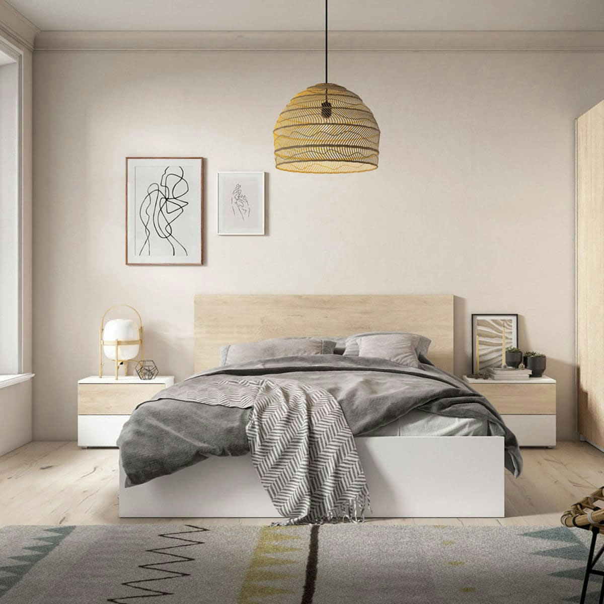 ARIZONA - Table de chevet 2 tiroirs blanc et effet bois 54 cm