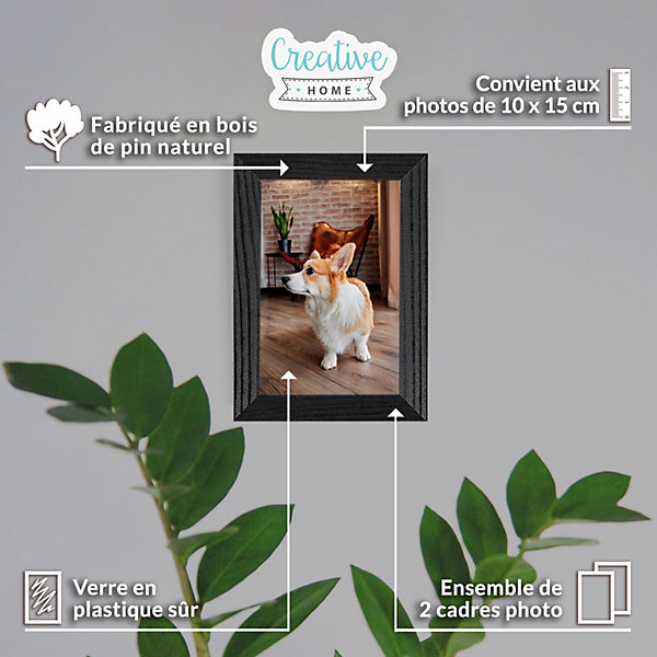 Creative Home 2x Cadre Photo 10x15cm Noir Mural - Bois de Pin - Support Crochets - Accrocher Horizontalement ou Verticalement