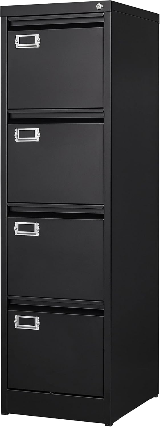 BYNSOE 4 Drawer File Cabinet with Lock Metal Vertical File Cabinet Office Home Vertical File Cabinet for A4 Legal/Letter Size Narrow File Cabinet Locked,Assembly Required (Black, 4 Drawers- Vertical)