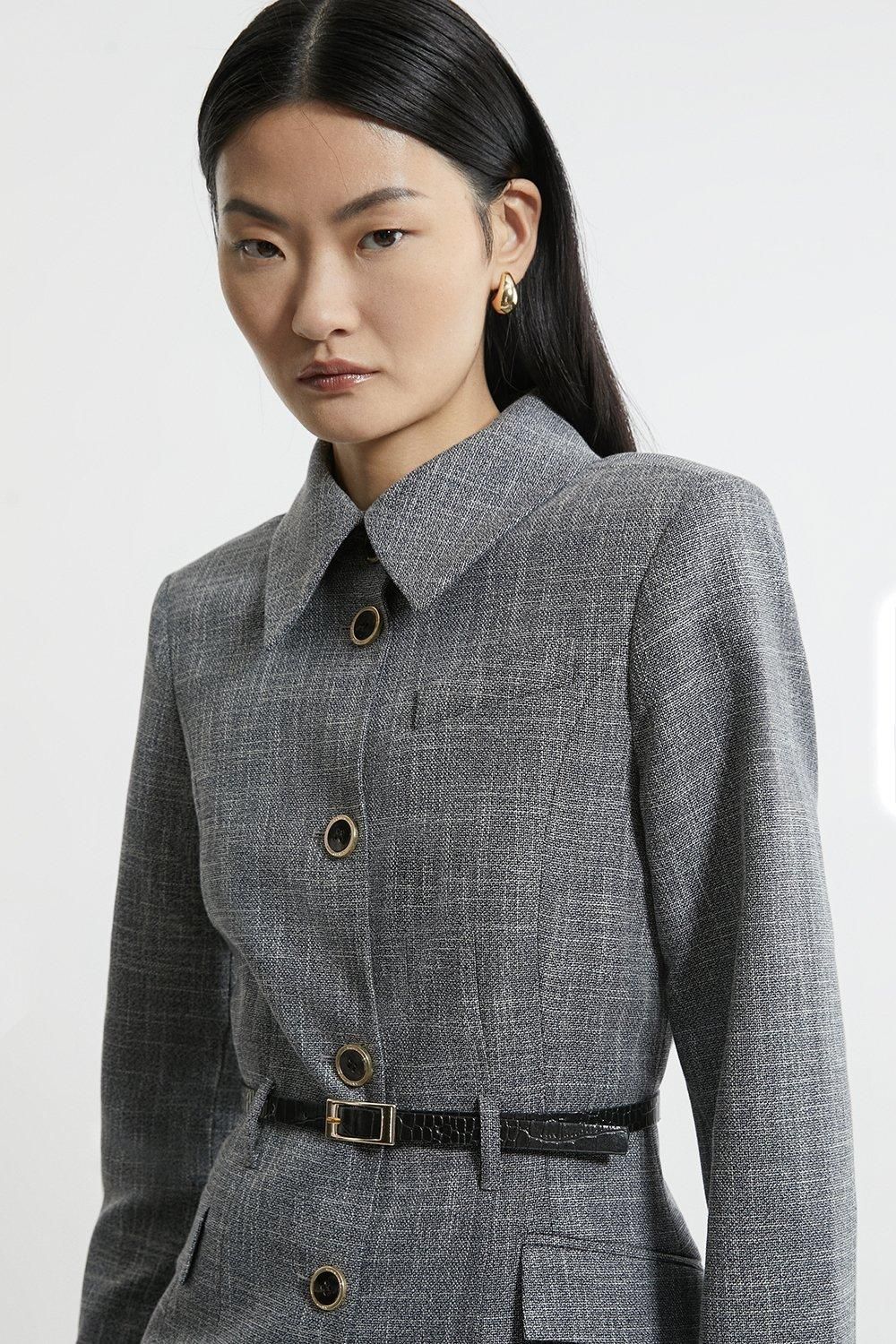 KarenMillen Mono Texture Belted Collared Button Front Tailored Jacket