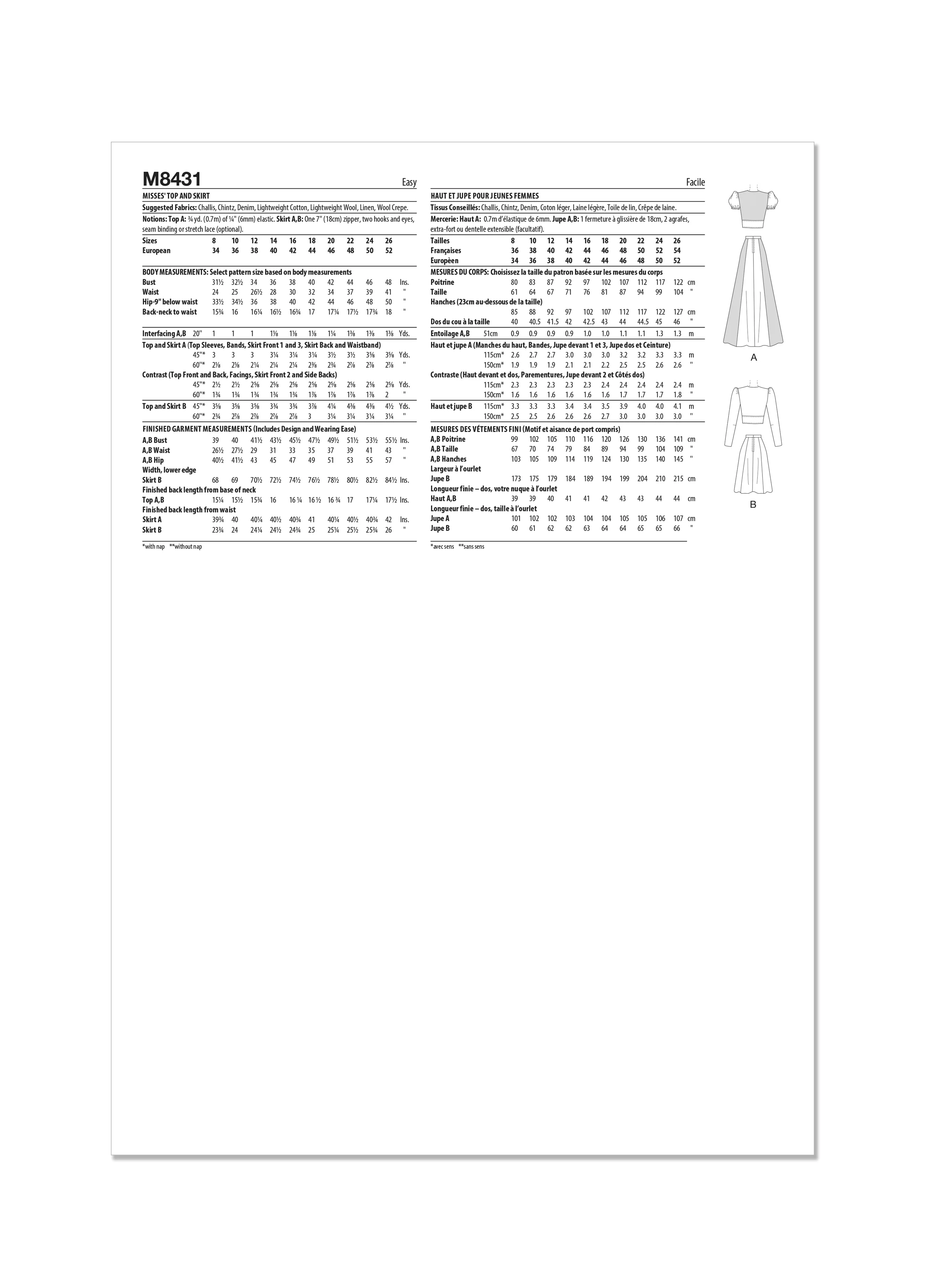 McCall's Pattern M8431 Misses' Top and Skirt
