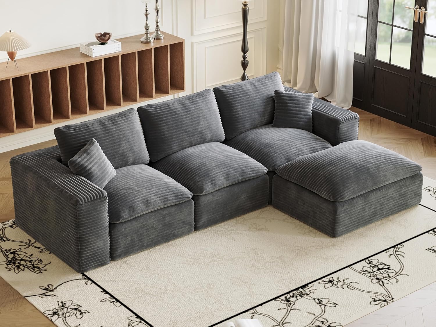 108 Plush Corduroy L Shaped Sectional Cloud Sofa Couch with Ottoman, Soft Deep Seat Modular Sectional Couches for Living Room,No Assembly. Grey