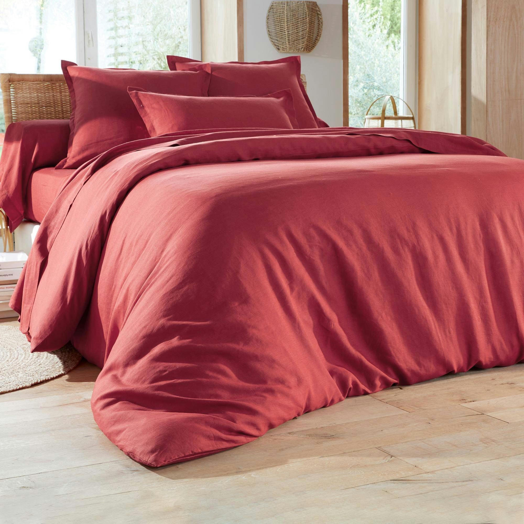 GAMME UNIE LIN PRÉLAVÉ - Drap-housse 140x200x28 orange sienne en lin