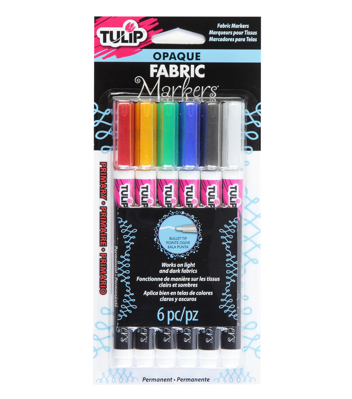 Tulip 6 Pack Opaque Fabric Markers Primary