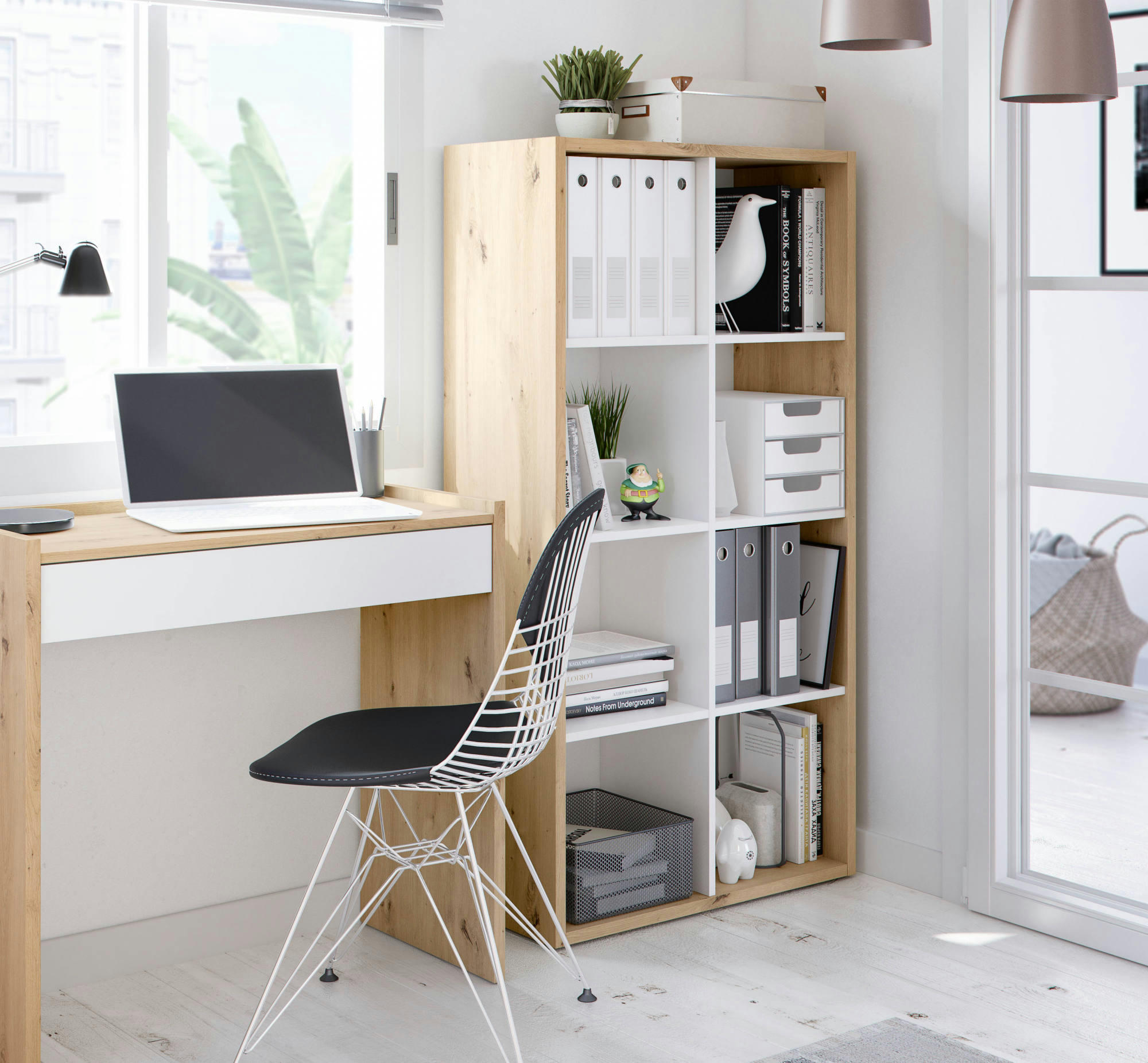 DMARINI - Bibliothèque 8 compartiments en chêne et effet bois blanc