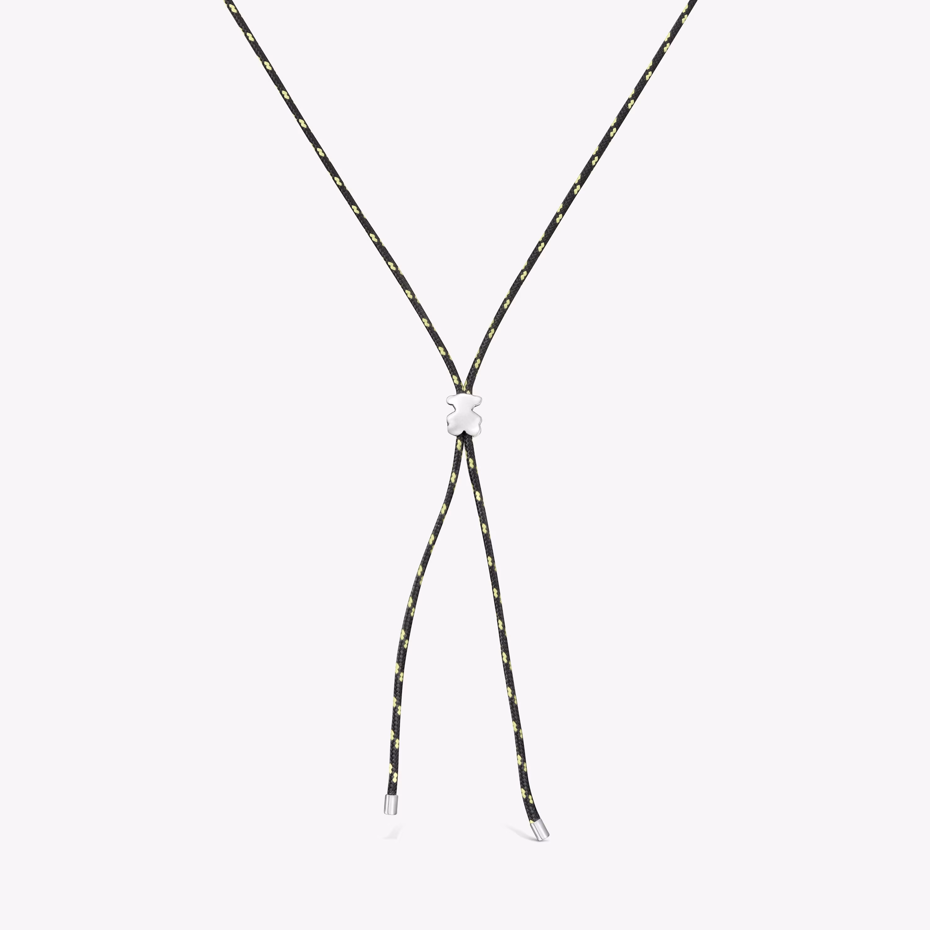 Collar largo oso de plata y nylon negro Bold Motif