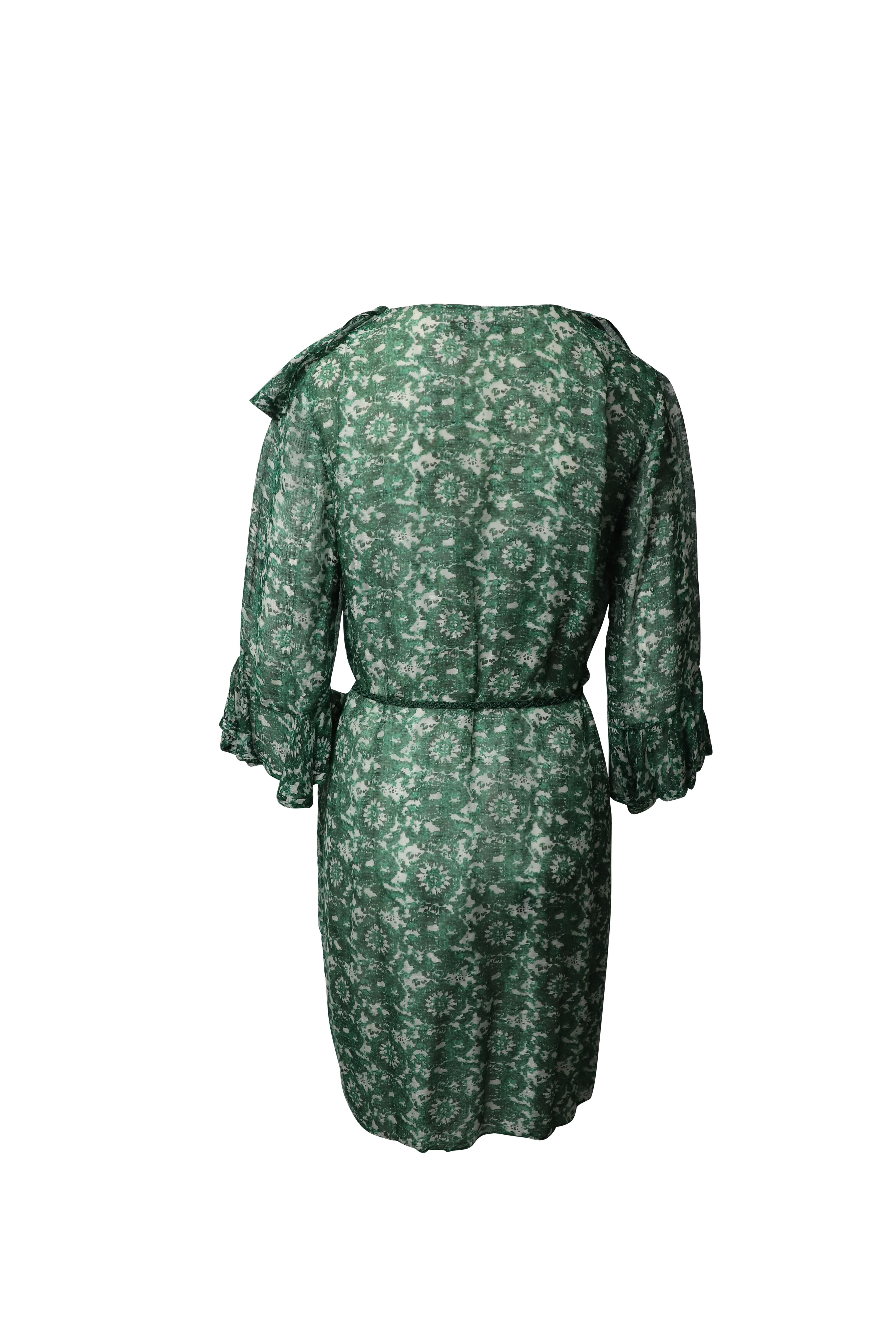 Carolina Herrera Preloved Floral Dress With Ruffles Green Silk