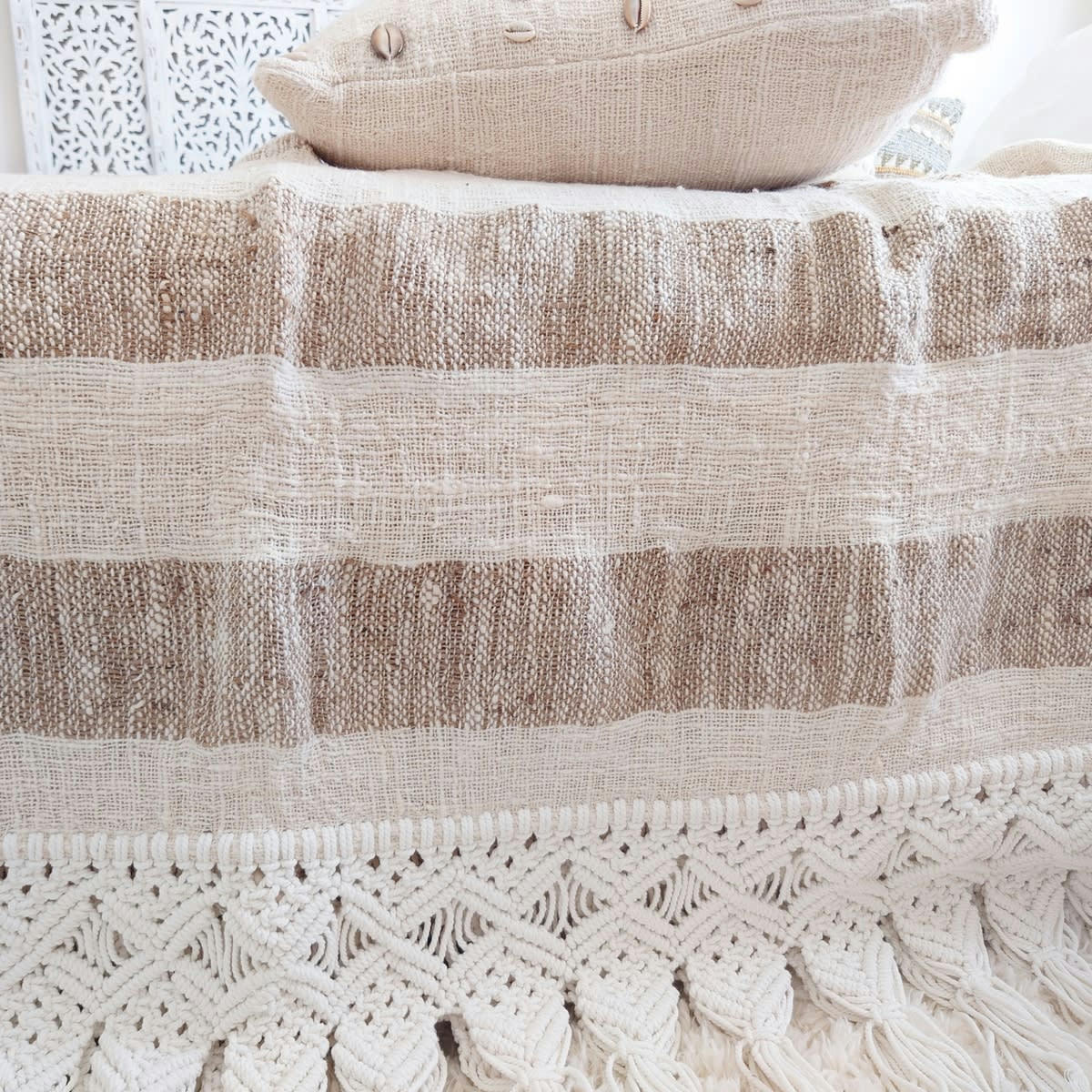 AUSSA - Plaid en coton à rayures, blanc/beige 140x200 cm