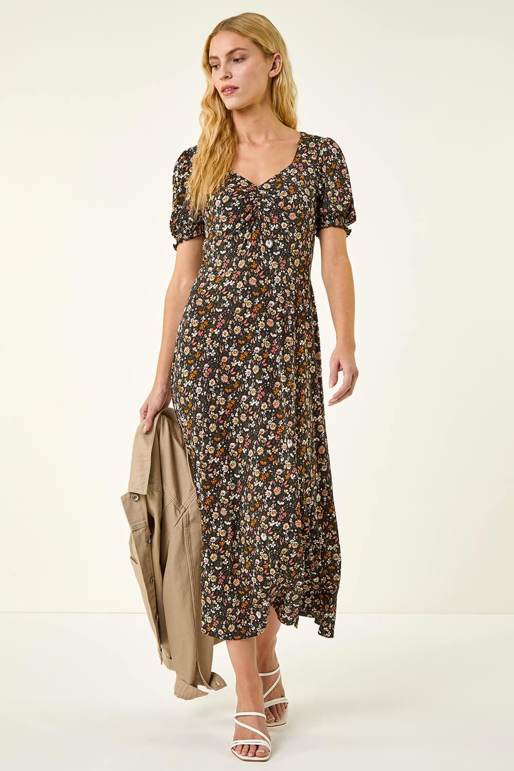 Roman Floral Ruched Midi Dress