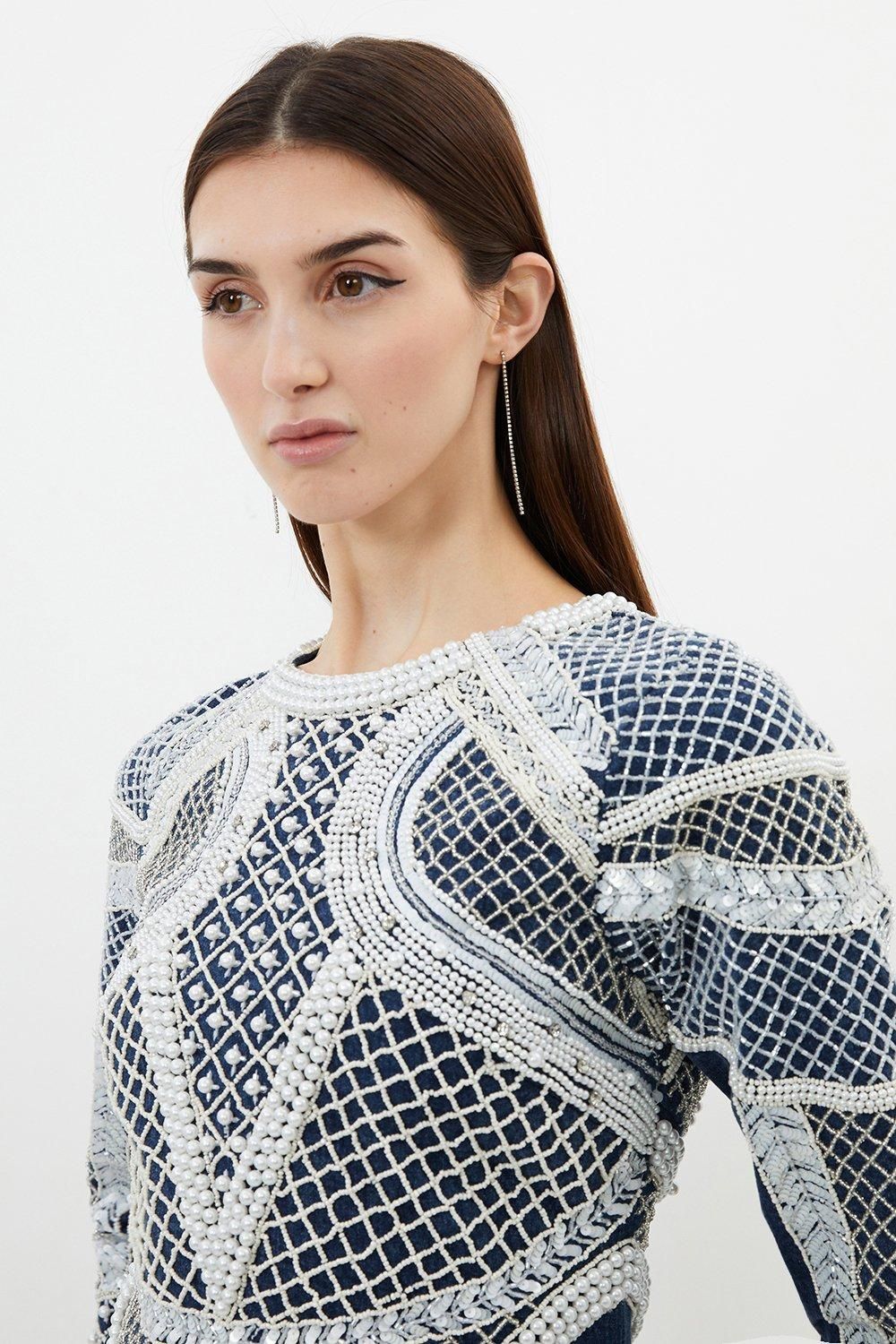 KarenMillen Embellished Pearl Long Sleeve Mini Dress