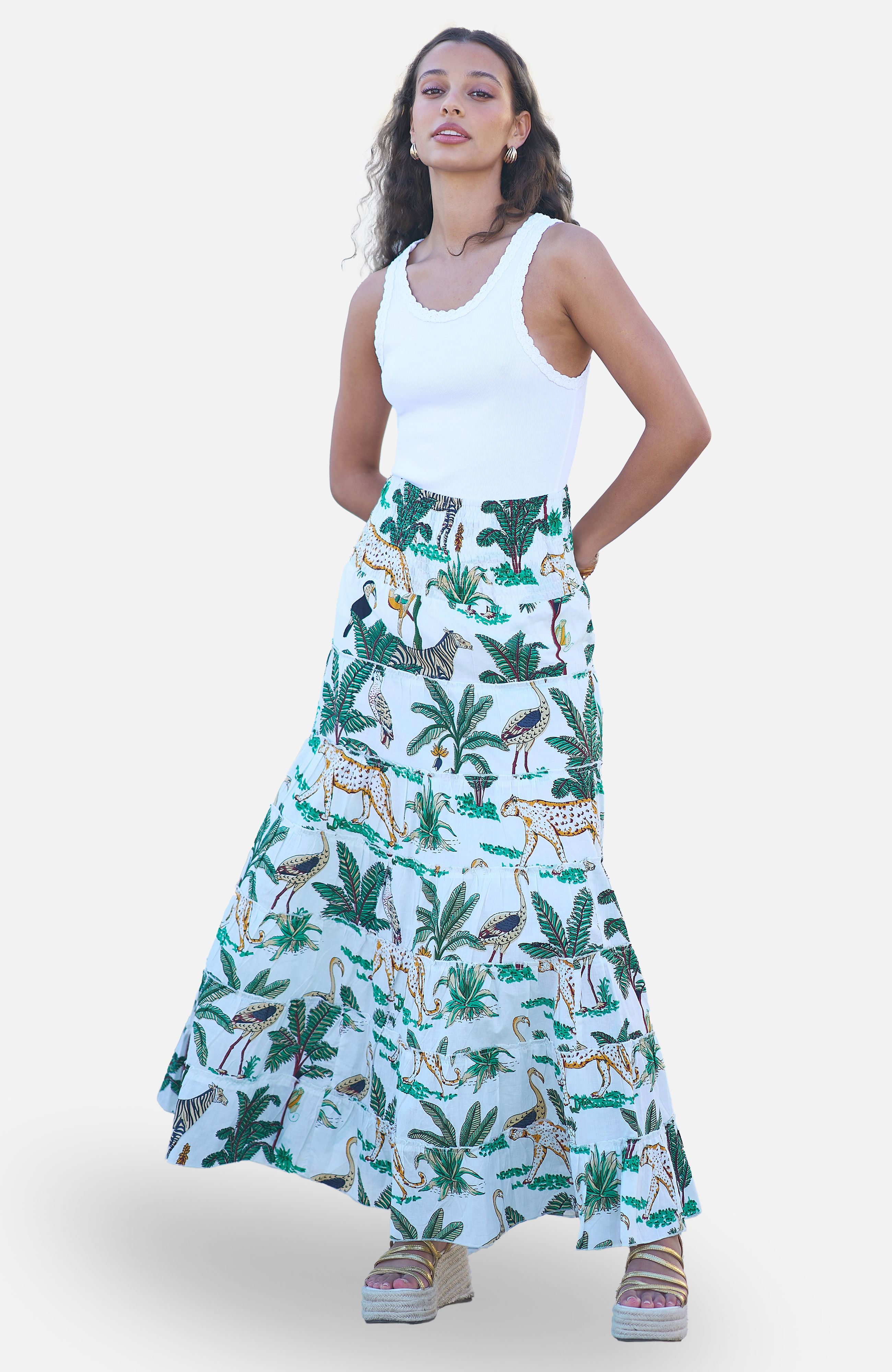 Yumi Animal Print Cotton Tiered Maxi Skirt