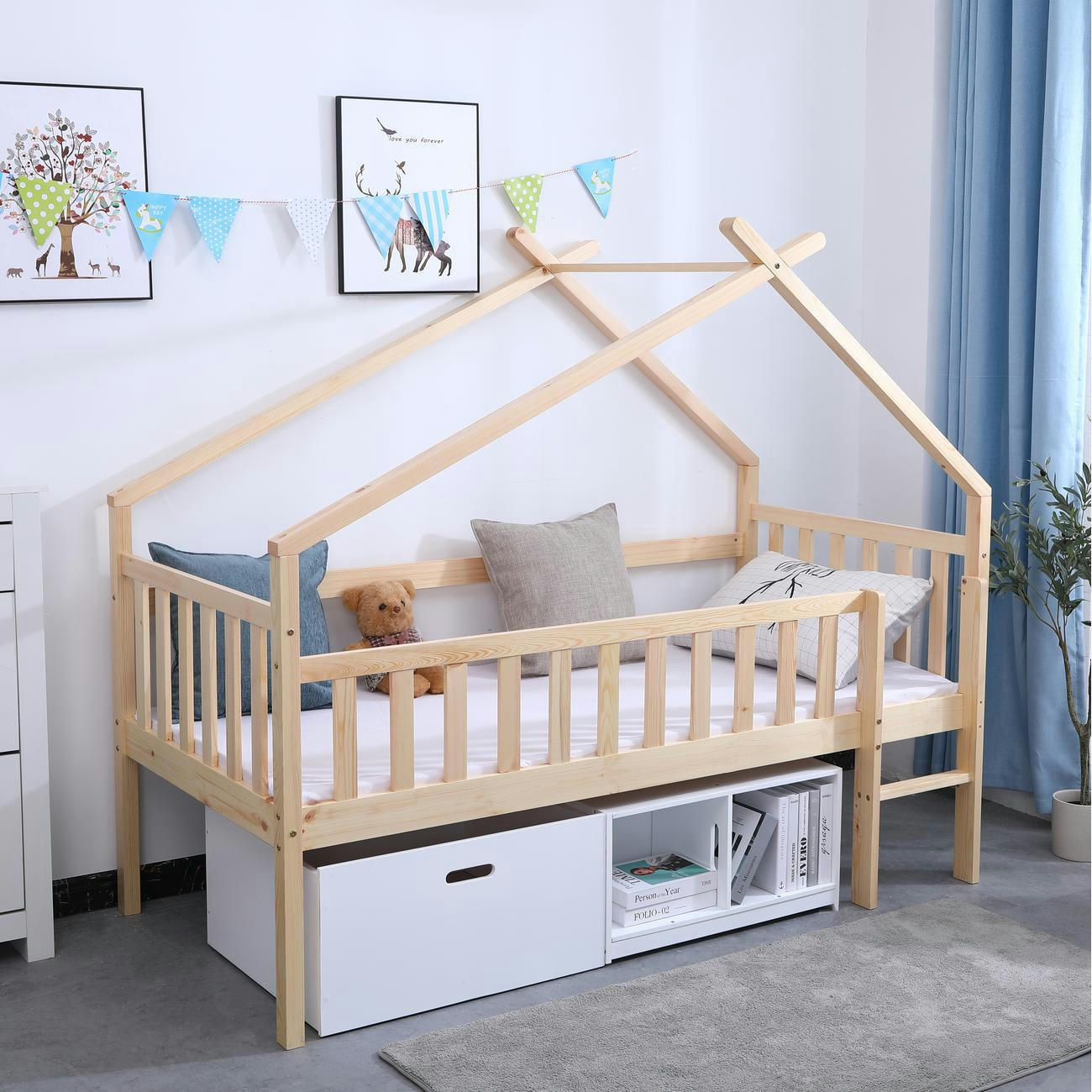 ELINA - Lit enfant cabane beige et blanc pin massif sommier 190x90cm