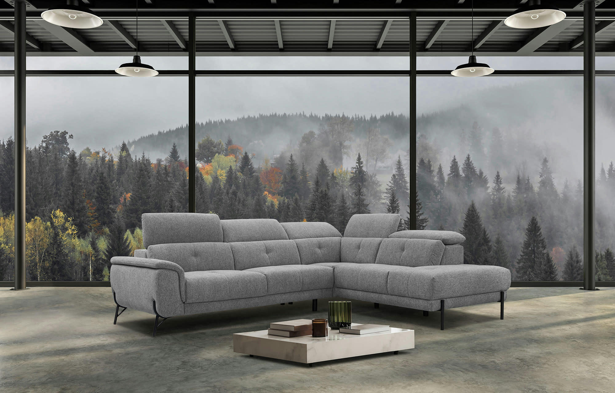 AVENA - Canapé d'angle droit  5 places en tissu gris