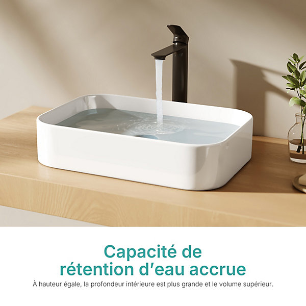 EMKE Lavabo en Céramique Blanc 505x370x110 mm, Vasque à Poser Carrée sans Trou de Robinet