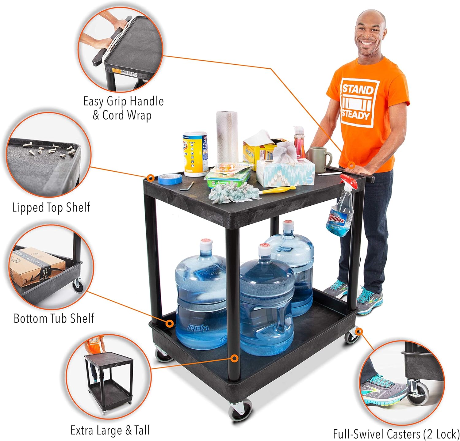 Stand Steady Tubstr Large 2-Shelf Utility Cart: Heavy Duty Hybrid Tub & Flat Shelf - Supports Up to 200 lbs, Rolling Storage & Tool Cart for School, Office, Warehouse (32 x 24in)