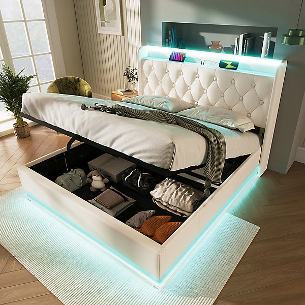 Lit coffre 160x200cm, PU Beige, chargement USB Type-C, commande bouton/app/télécommande