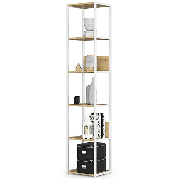 Bibliotheque murale industrielle Blanche 40 cm façade Chêne Artisan 6 étagères 40x32x192 cm