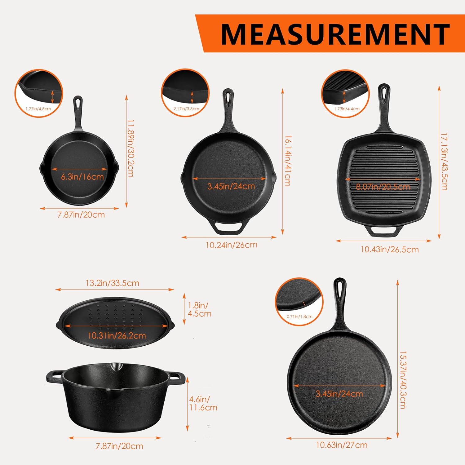 6 Piece Pre-Seasoned Cast Iron Cookware Set – Incl. 5QT Dutch Oven with Lid, 8'' and 10.25'' Cast Iron Skillets, 10.5'' Round Griddle, and a Square Grill Pan for Kitchen, Stovetop, & Camping