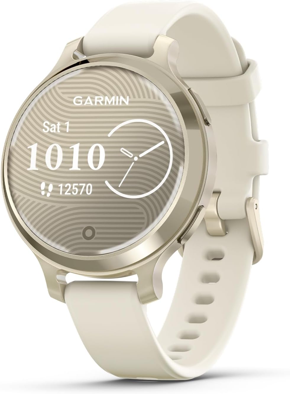 Garmin Lily® 2 Active  Small and Stylish Smartwatch  Built-in GPS  Hidden Display  Patterned Lens  Up to 9 Days Battery Life  Lunar Gold with Bone Silicone Band