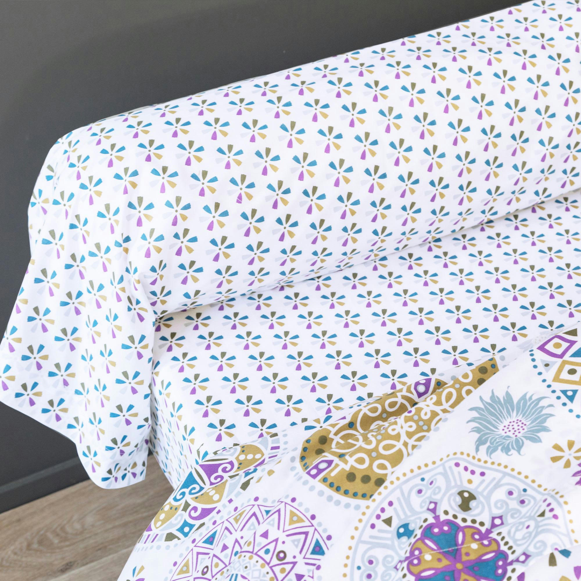 ROSACES - Drap-housse 160x200x28 violet en coton