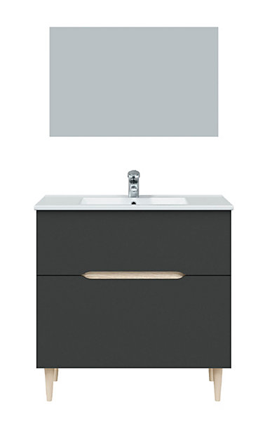 Meuble sous vasque en panneaux de particules mélaminés coloris noir avec miroir - Longueur 80 x Profondeur 45 x Hauteur 80 cm