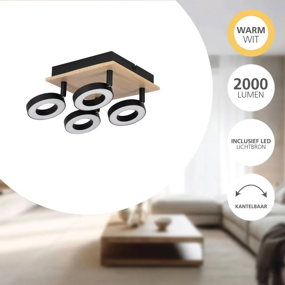 EGLO Rielves Spot - 4-lichts - LED - Hout - Zwart. Bruin