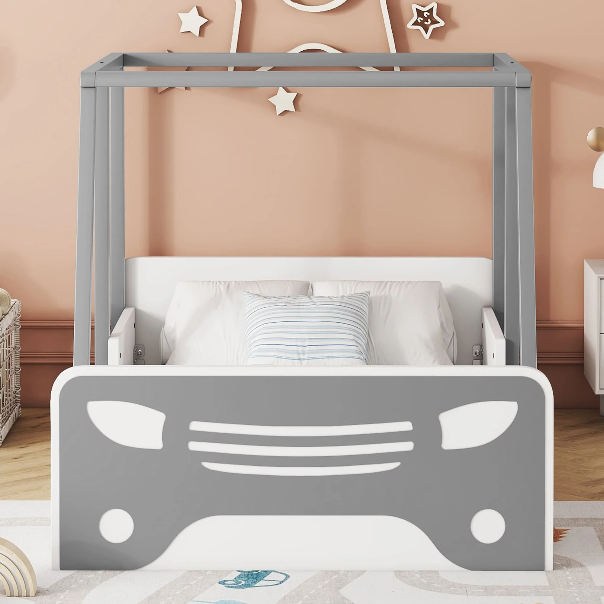 Grey Twin Pine Car-shaped Bed with Roof & Wheels