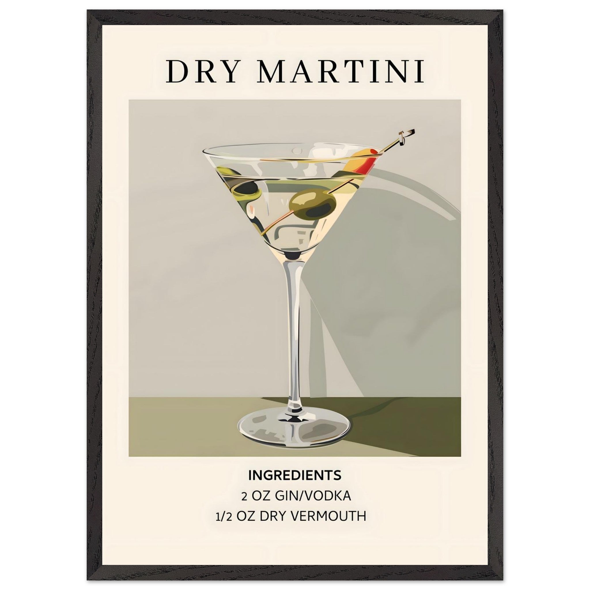 Artfulprints Poster met Lijst Dry Martini cocktail - Ingrediënten  - 50x70 cm - Groen