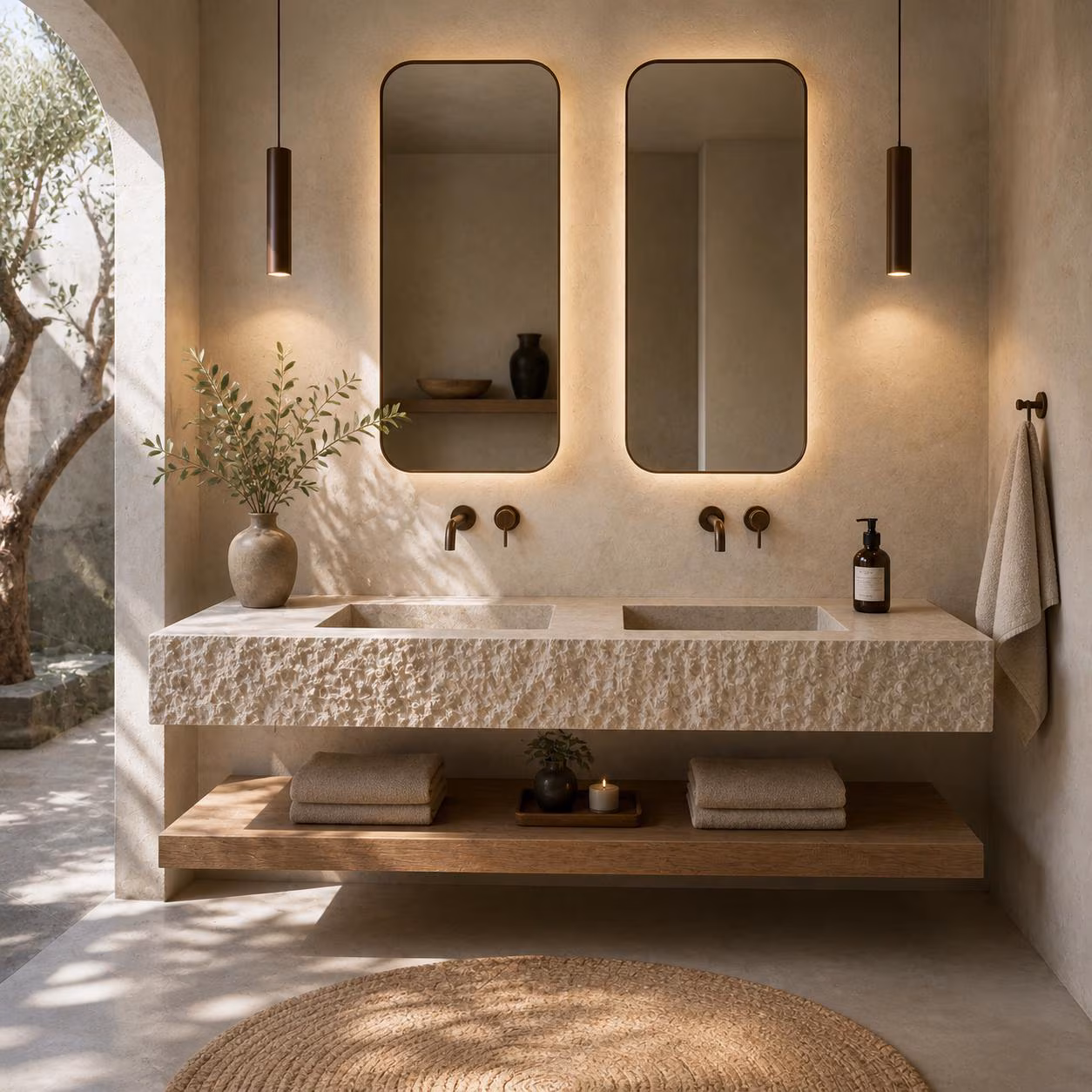 Luxury Travertine Double Sink Vanity, Floating Stone Bathroom Sink, Handmade Natural Travertine Vanity, Modern Rustic Bathroom Decor