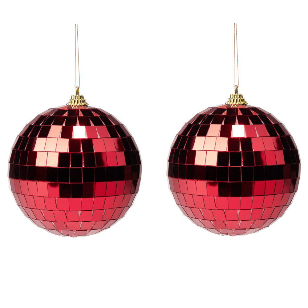 Boule de No&euml;l disco x2 en verre et plastique rouge Ø9,5cm