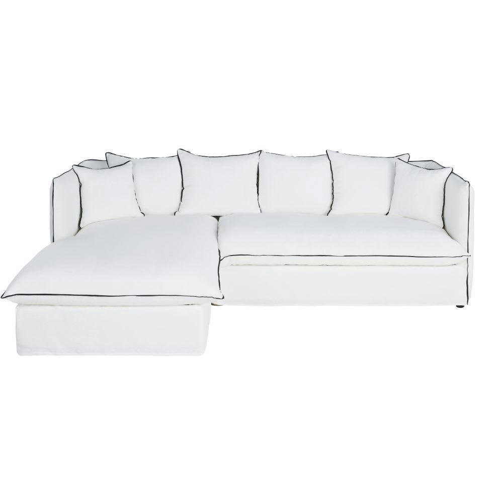 Louvain - Housse de canapé d'angle gauche en lin froissé blanc et noir