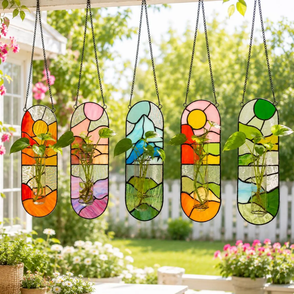 Stained Glass Propagation Station Suncatcher, Hanging Glass Planter for Window, Unique Gift for Plant Lover,Air Plant Holder,Graduation Gift