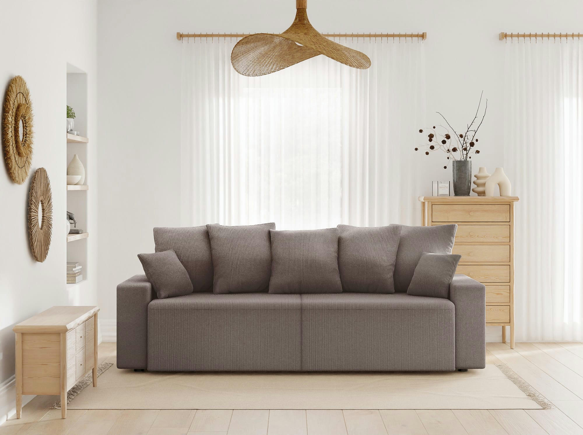 ALMA - Canapé droit convertible en velours côtelé 3 places taupe